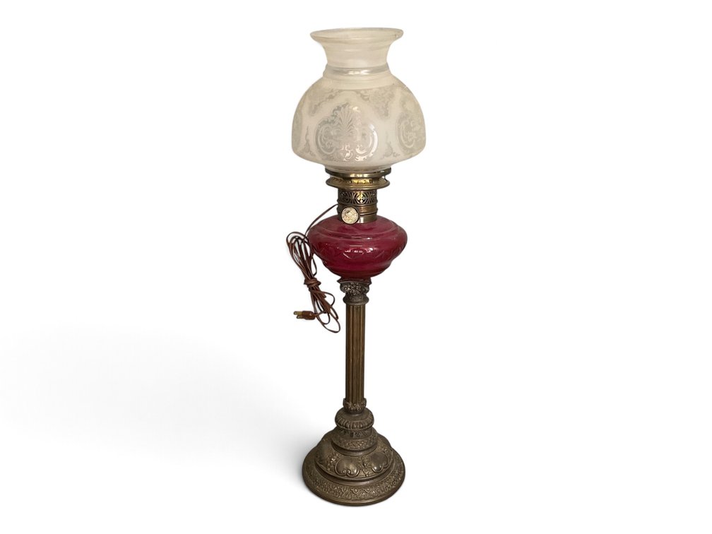 Victorian Cranberry Glass Kerosene Converted Lamp