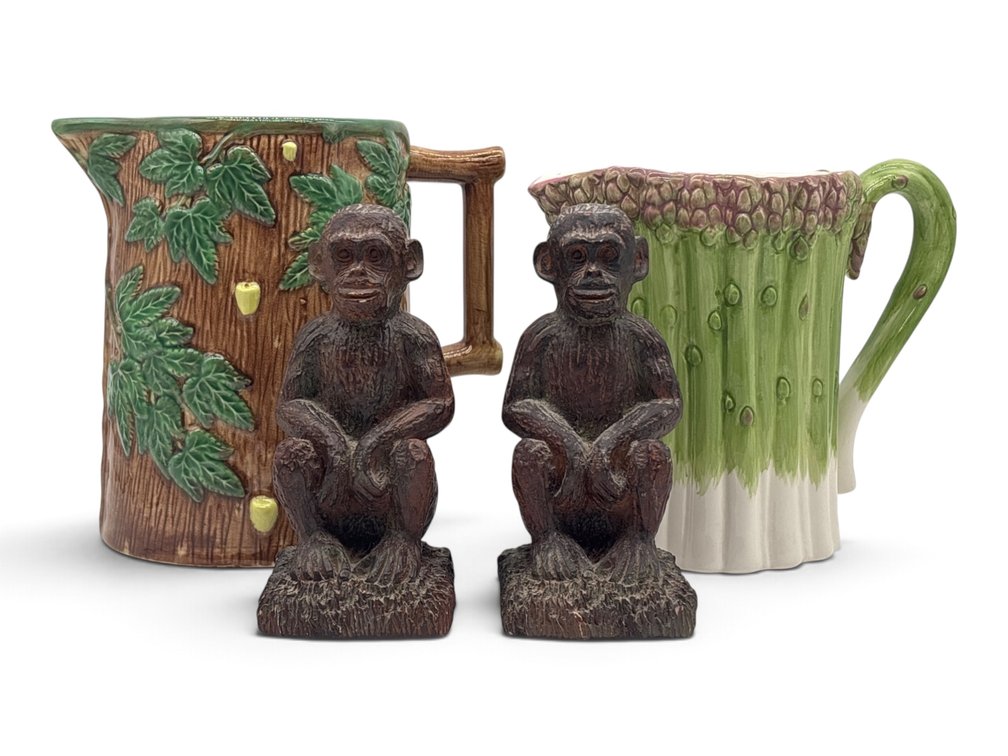 Majolica Style Pitchers and Monkey Form Bookends