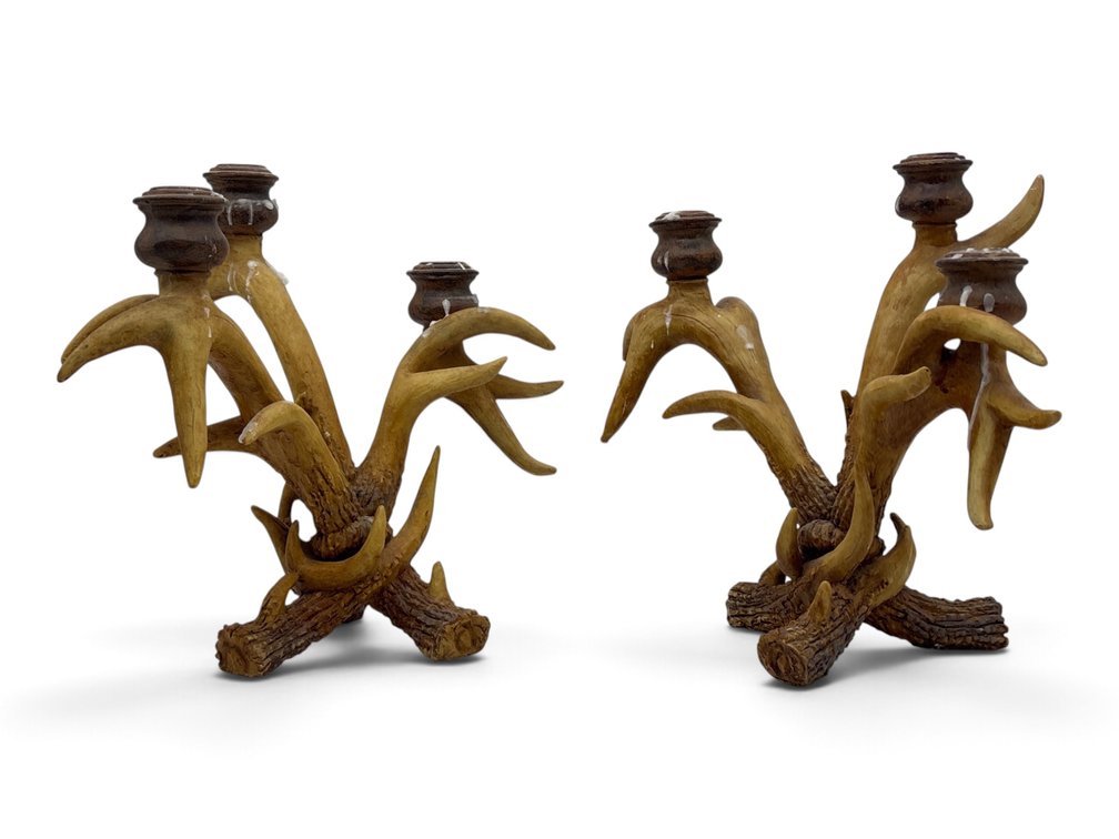 Faux Stag Horn Three-Light Candelabra Pair