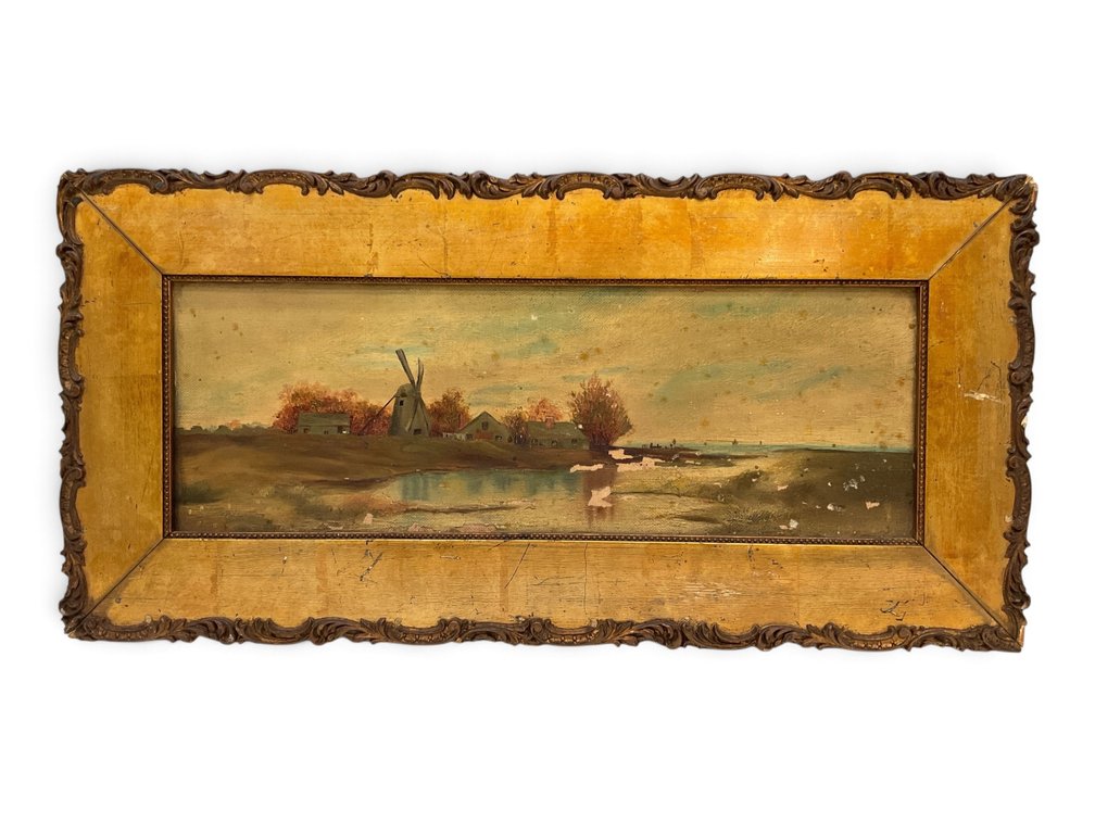 19th C. Gilt Framed Oil Landscape, Dutch Scene