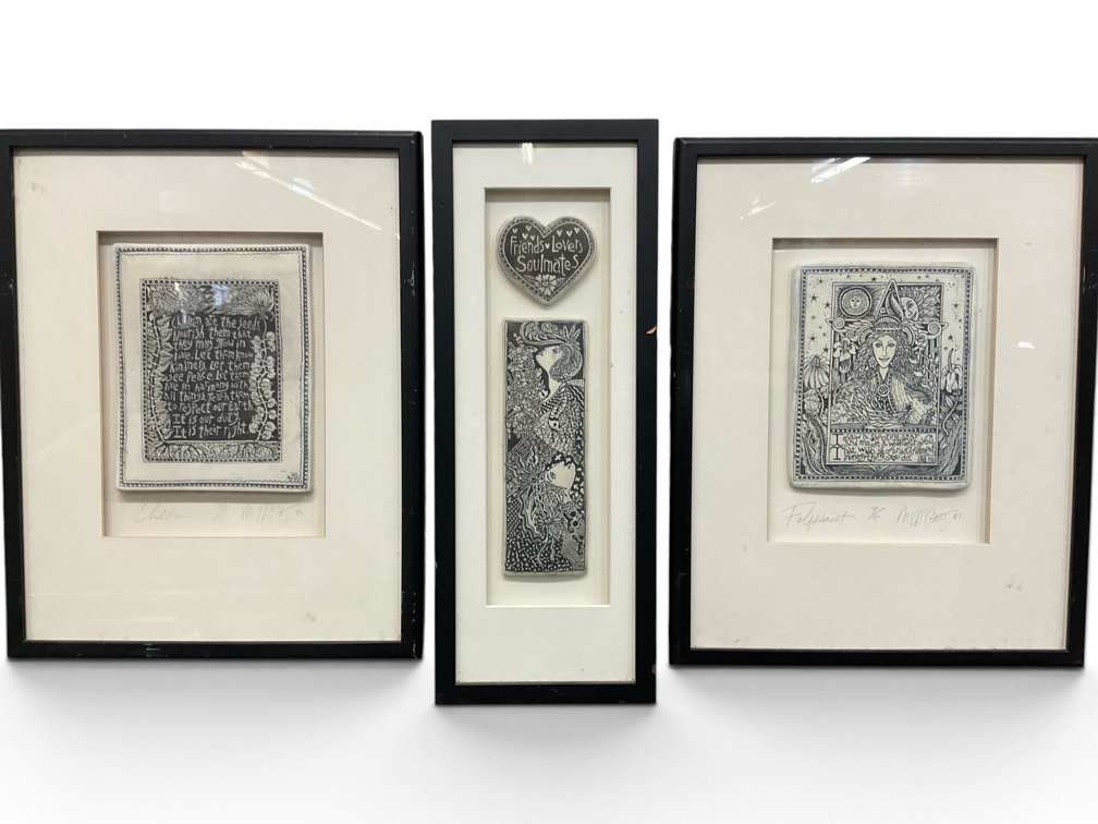 Three Framed Drawings on Clay by Marsha McCarthy