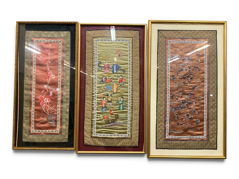Three Framed Chinese Silk Embroidered Panels