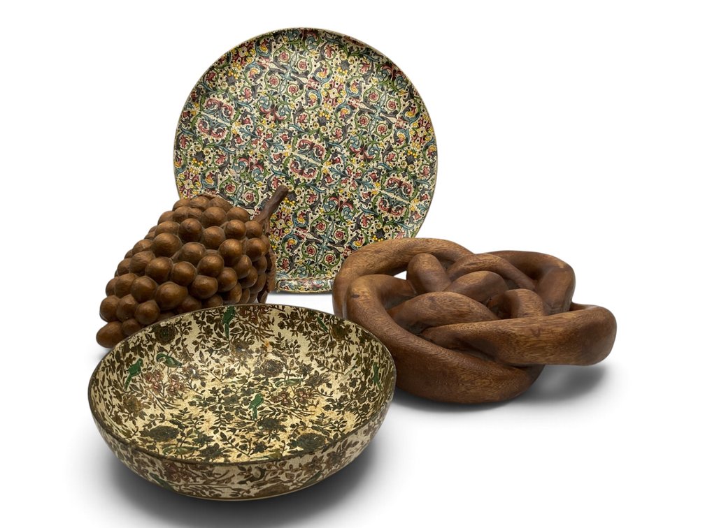Papier-Mâché Platter, Carved Wood Decorative Sculptures