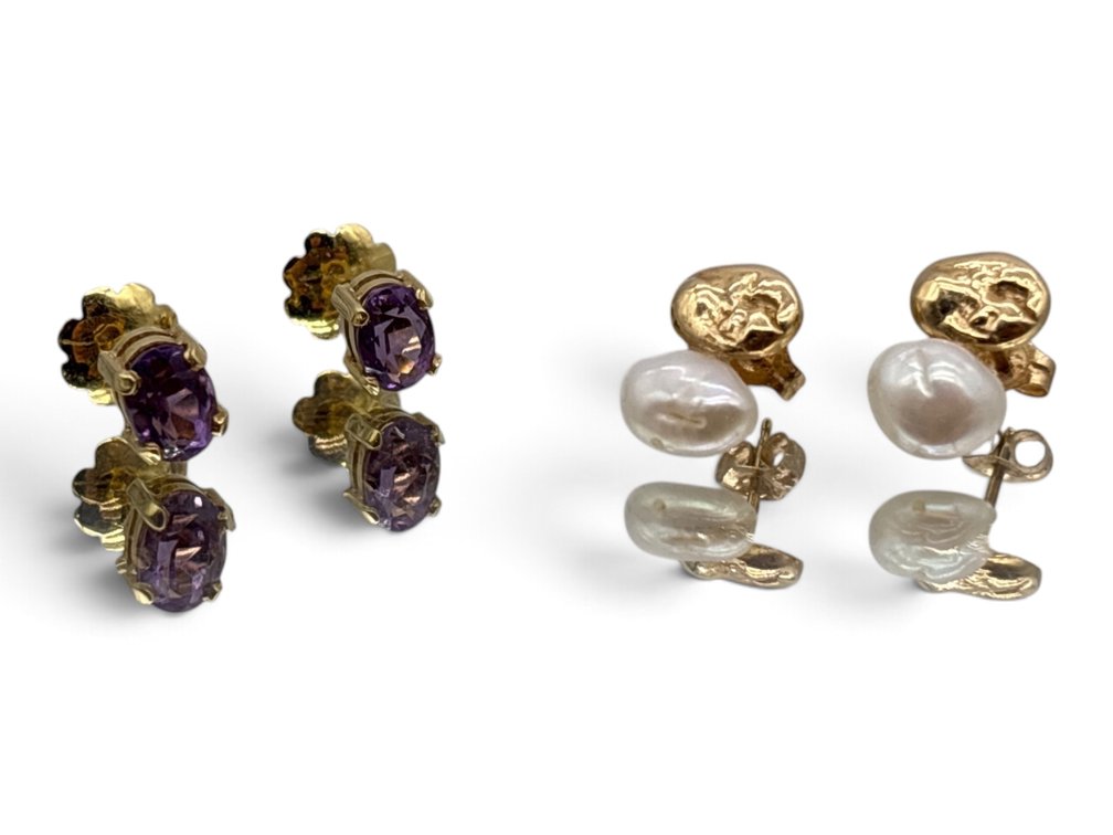 Two Pairs Yellow Gold Pearl and Amethyst Earrings