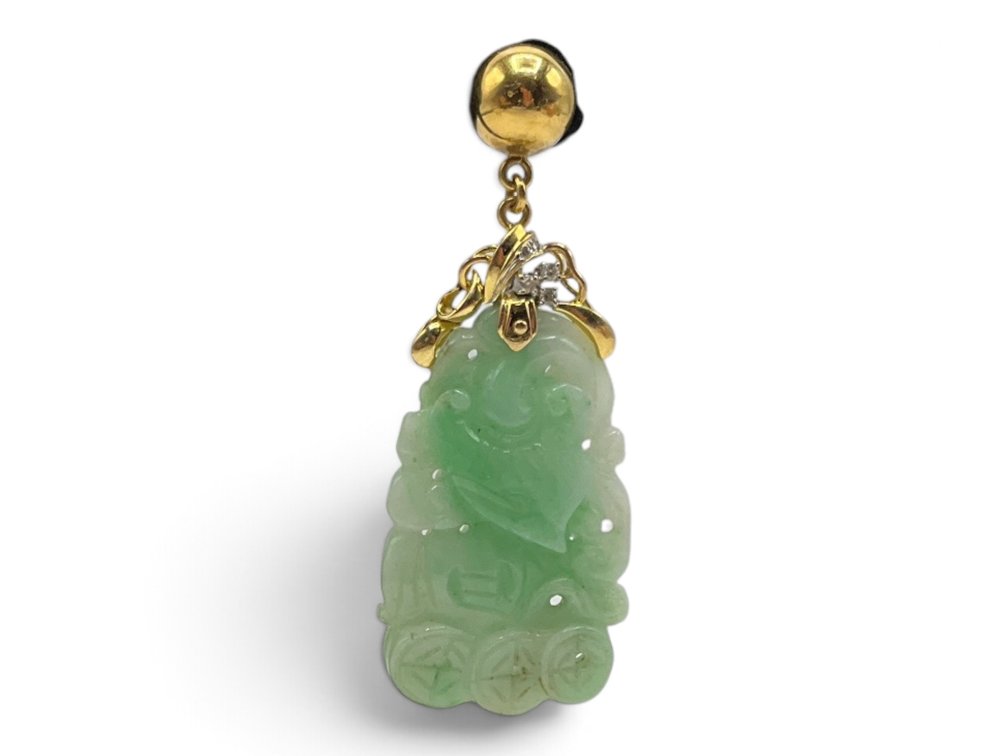 14K Diamond Accented Carved Jade Earring