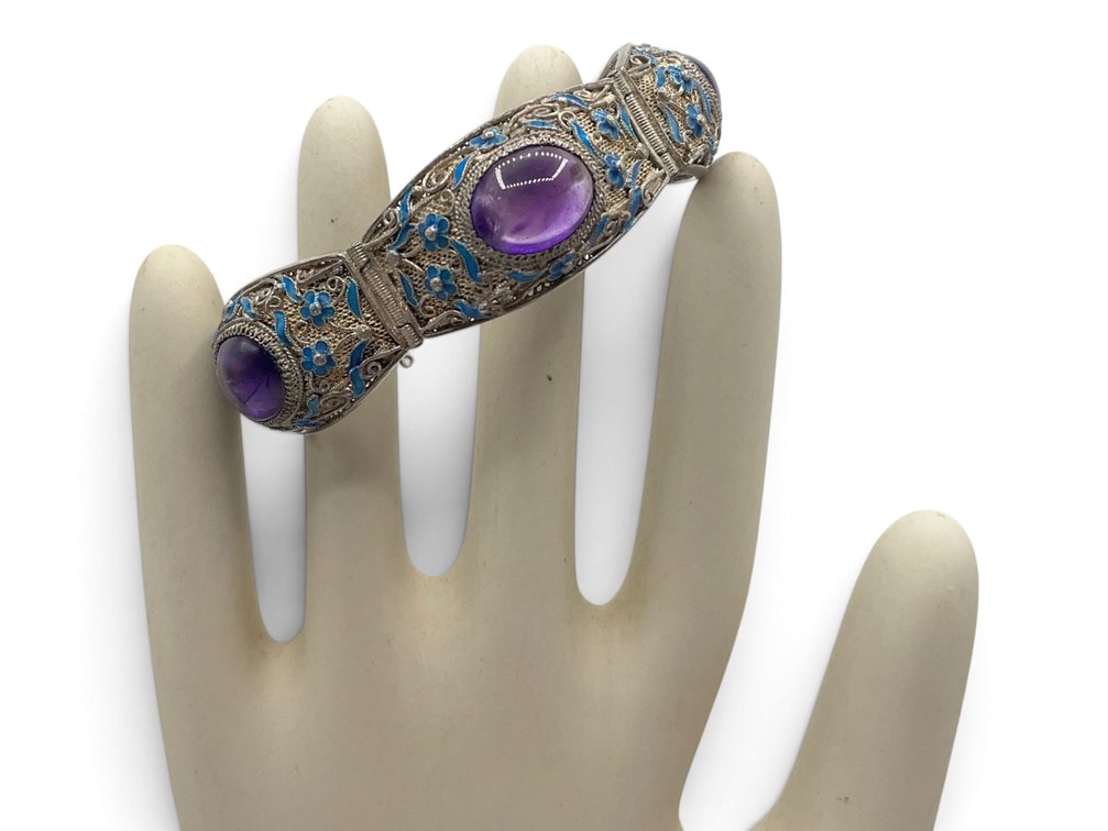 Enameled Silver Filigree & Amethyst Bracelet