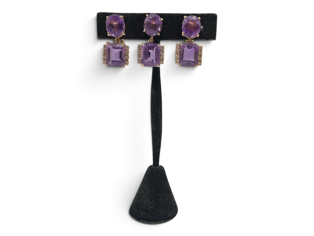Trio Of 14K Amethyst & Diamond Drop Earrings
