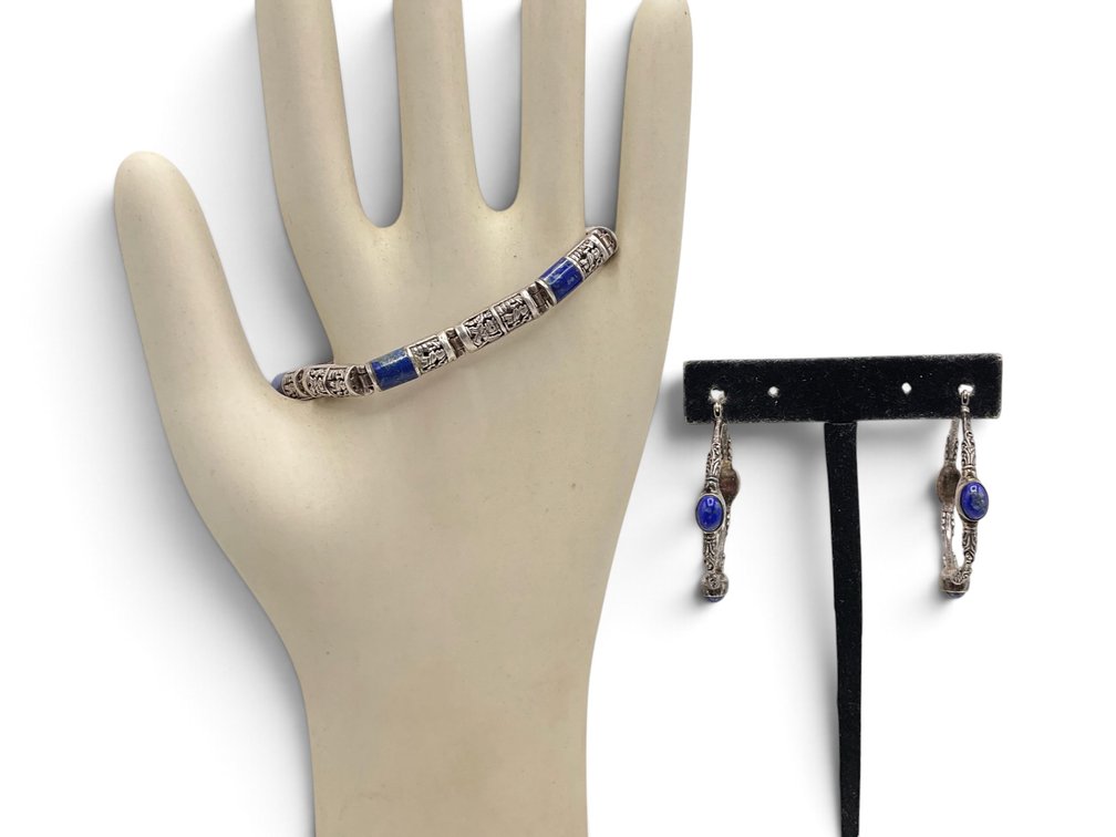Sterling & Lapis Bracelet & Hoop Earring Set