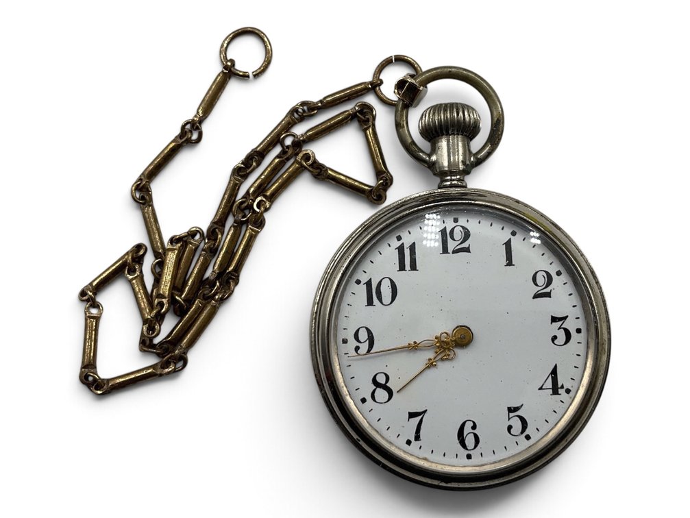 Open Face Pocket Watch With Watch Chain