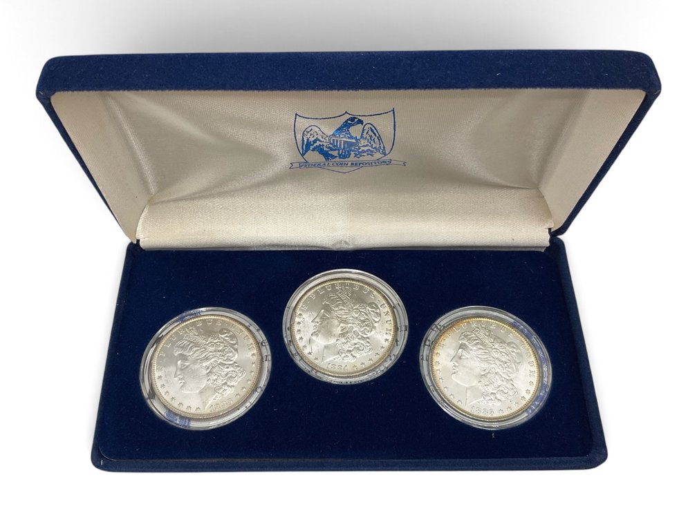 Boxed Set Of 3 Morgan Silver Dollars