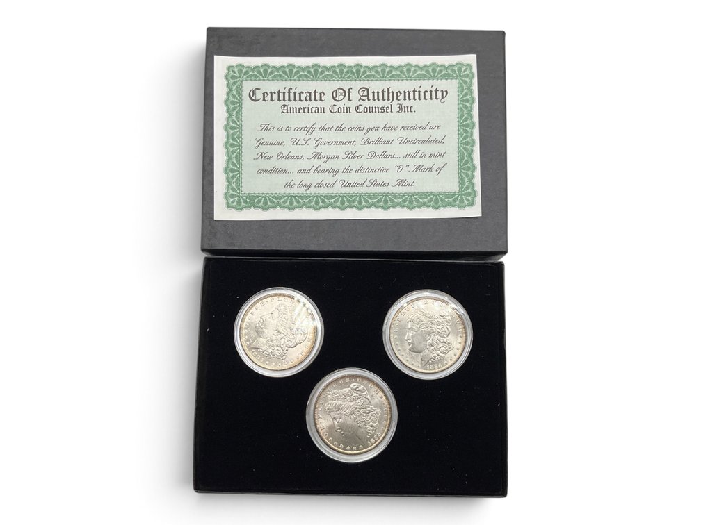 Boxed Set Of 3 Morgan Silver Dollars