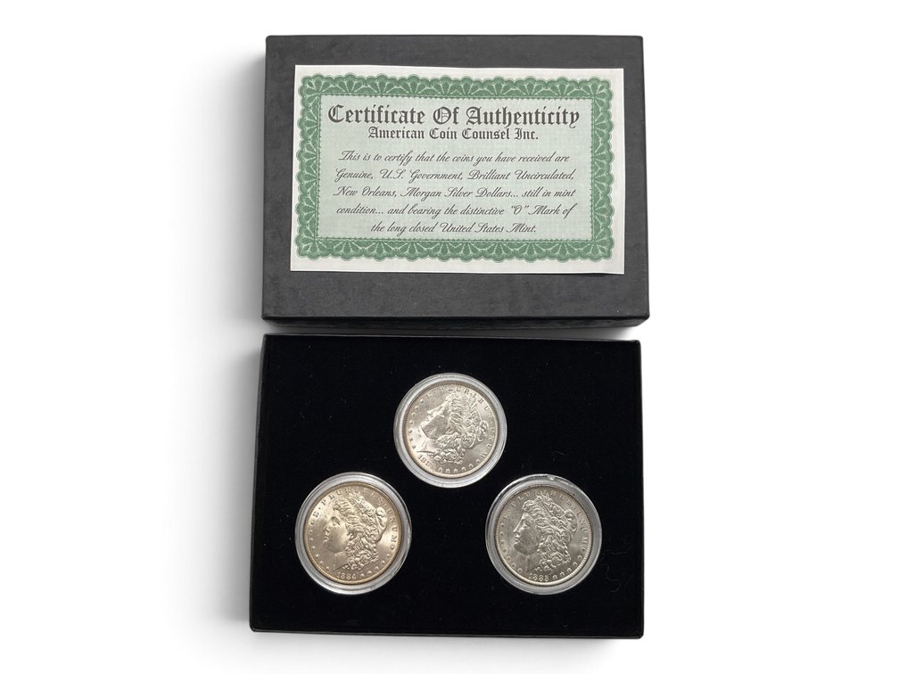 Boxed Set Of 3 Morgan Silver Dollars