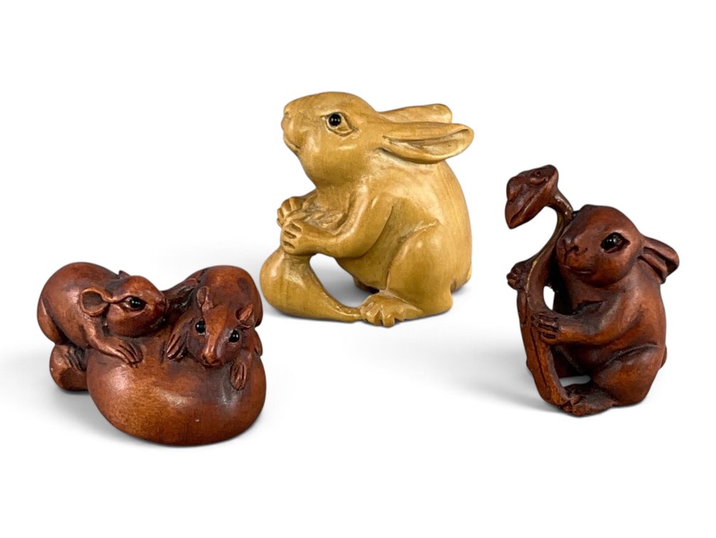 Two Rabbits and Mice Carved Boxwood Netsukes - Signed
