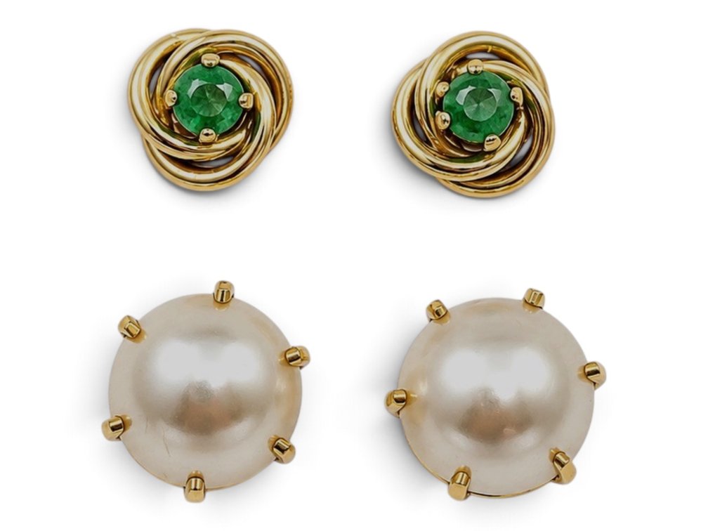14K YG Jade and 10K YG Pearl Stud Earrings