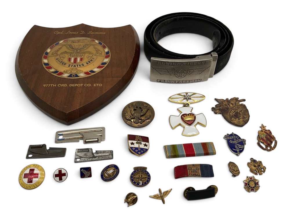Military Medals, Army Plaque, Pins and Flying Tigers Belt