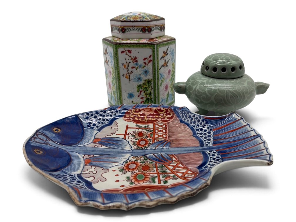 Imari Fish Platter, Ginger Jar and Celadon Turtle Censer