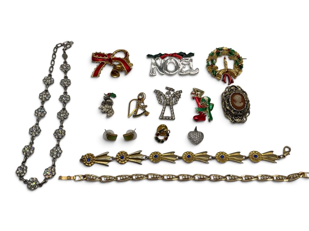 Holiday Brooches and Rhinestone Assortment