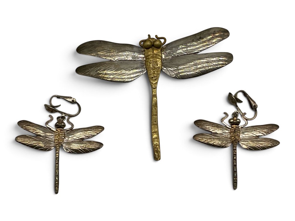 Courtney Sterling Silver Dragonfly Brooch and Earring Suite