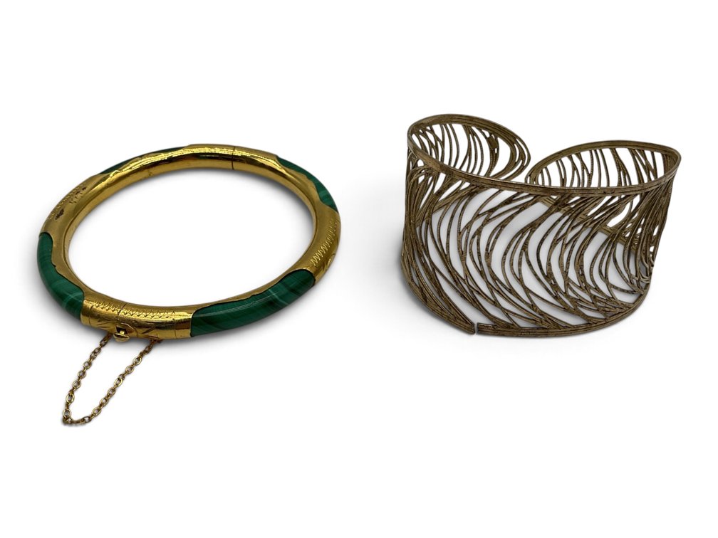 Italian Sterling Silver Cuff and Malachite Bangle Bracelet