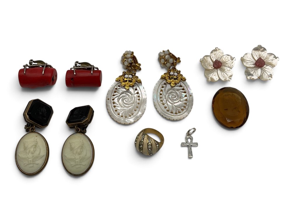 Mother of Pearl, Coral and Intaglio Clip On Earrings