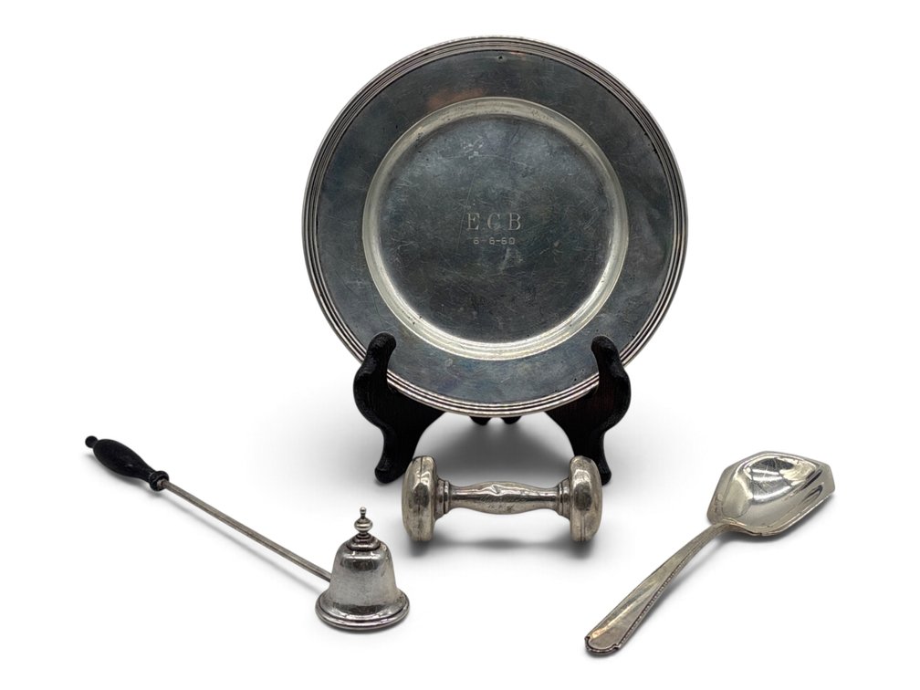 Sterling Rattle, Bread and Butter, Snuffer and Spoon