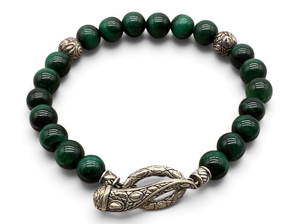 JAI Sterling Silver and Green Tiger’s Eye Beaded Bracelet