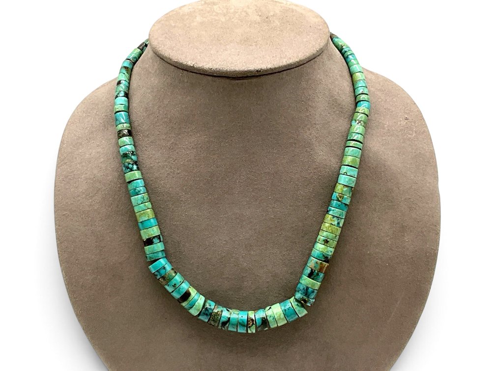 Graduated Turquoise Disc and Coral Heishi Bead Necklace