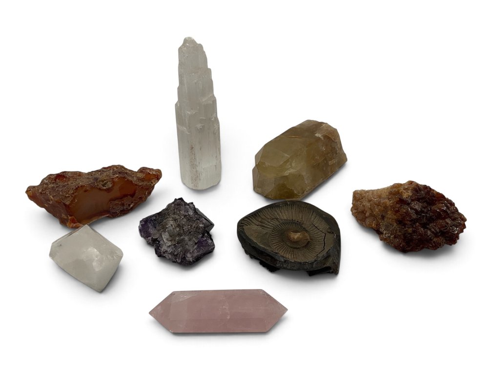 Rock and Crystal Specimens and Carved Ammonite