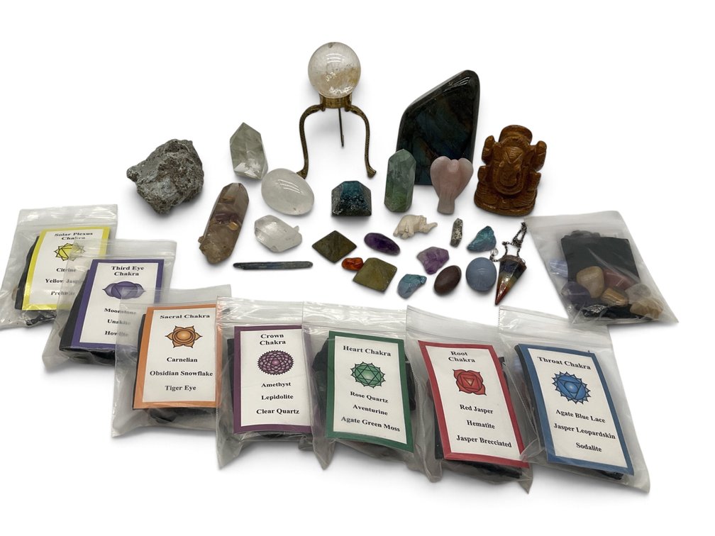 Various Crystals, Statues, Crystal Ball and Chakra Stones