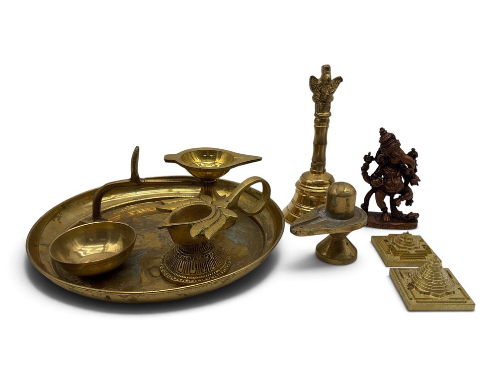Brass Oil Lamps, Bell, Tray, Siddh Maha Mrityunjaya Yantra, Etc