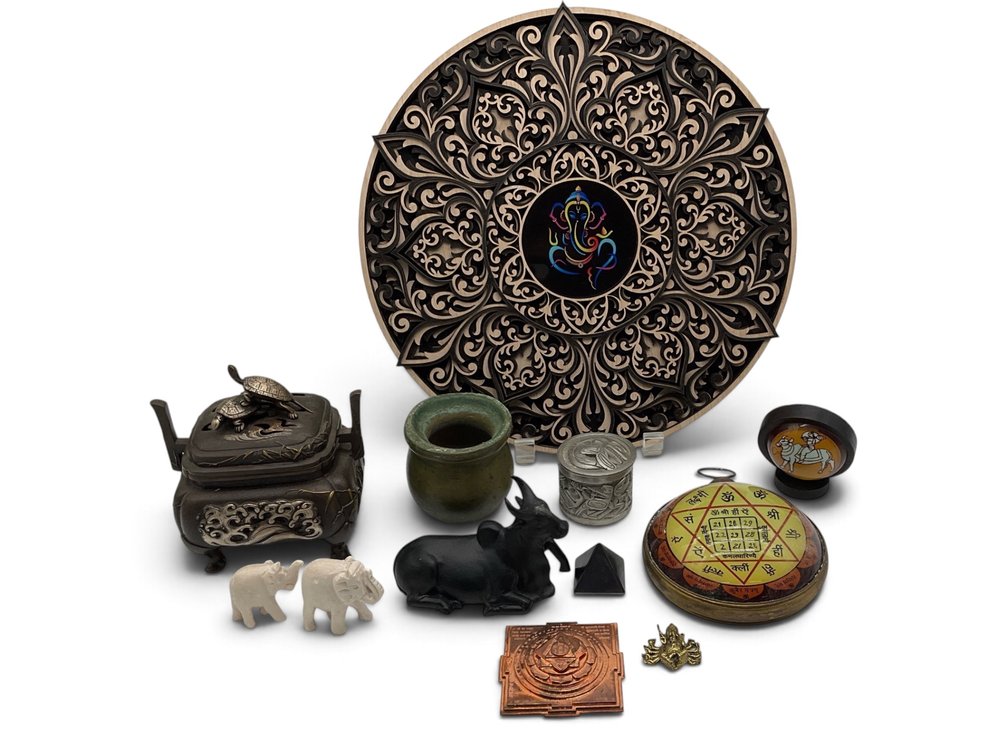 Wooden Trivet, Cast Iron Censer, Brass Bowl and Yantra