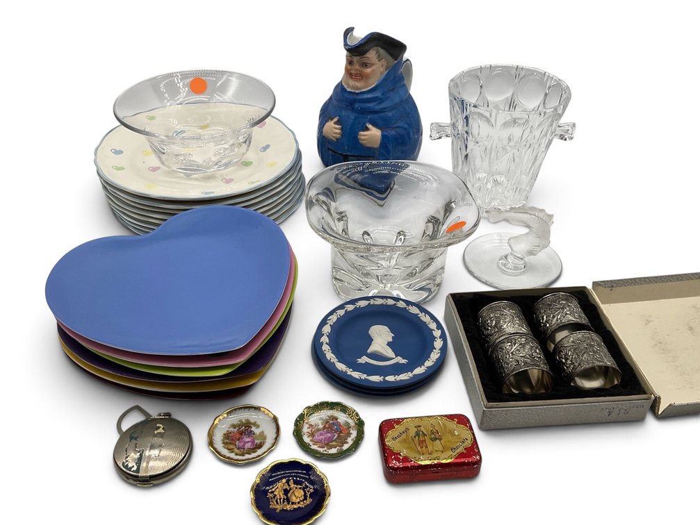 Heart Plates, Glass Bowls, Napkin Rings, Figural Pitcher, Etc.