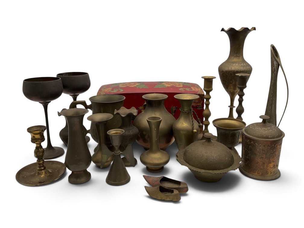 A Collection of Indian Brass Boxes & Vases
