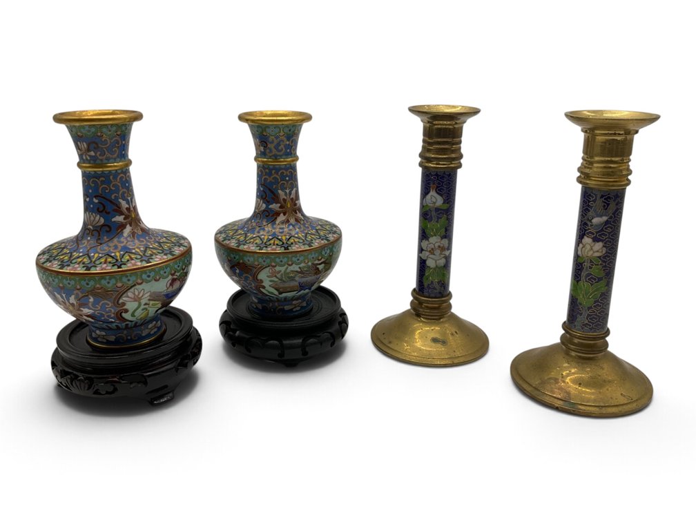 Chinese Cloisonné Vase and Candlestick Pairs