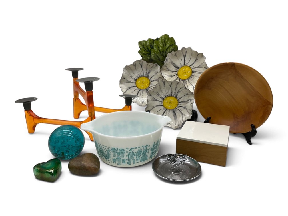 Stotter Acrylic Tray, Adjustable Mid Century Candleholder, Pyrex Bowl, Etc.