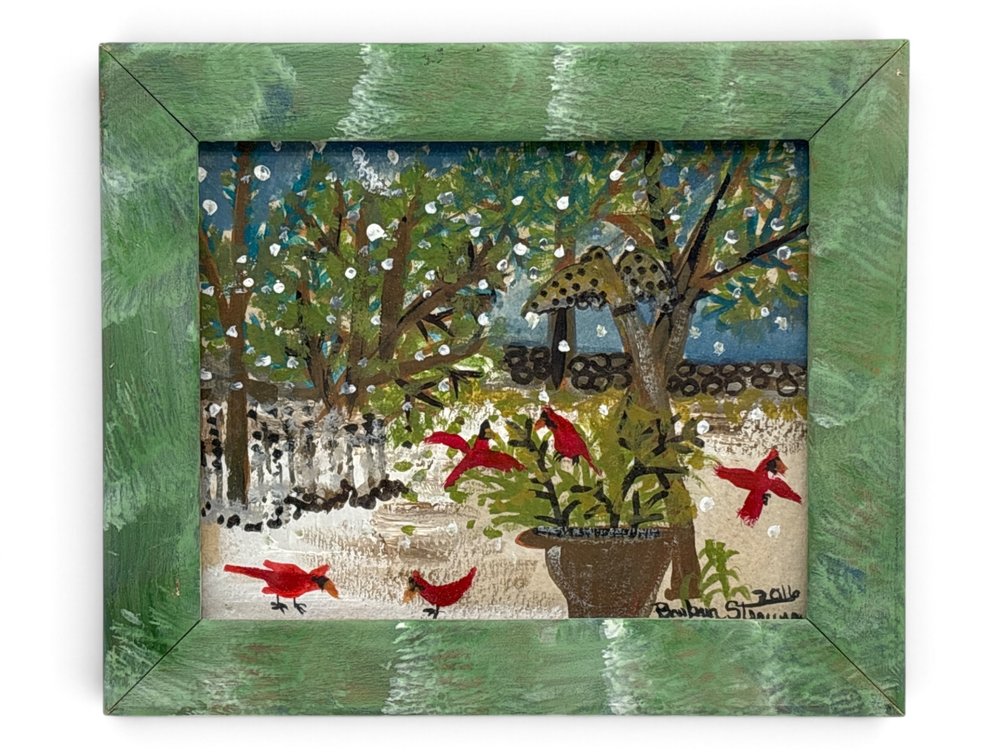 Barbara Strawser Watercolor Gouache, Winter Cardinals
