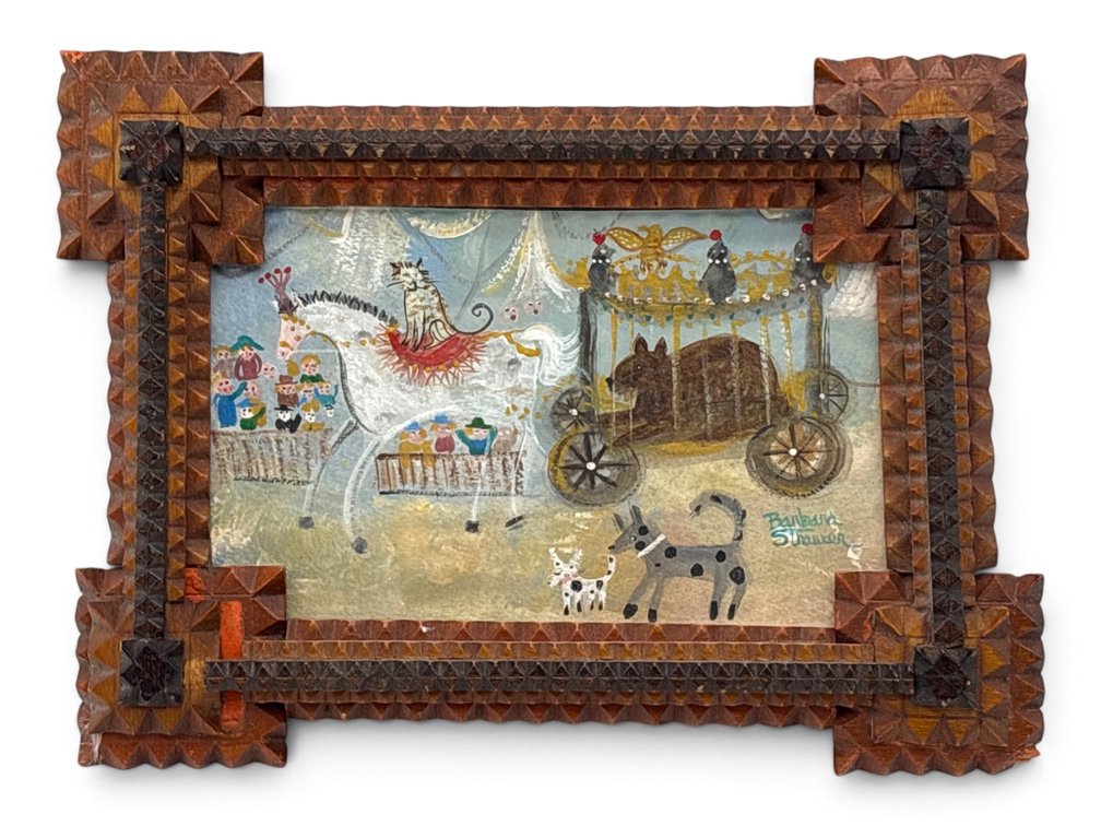 Barbara Strawser Tramp Art Framed Watercolor Gouache