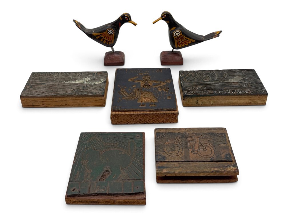 Folk Carved and Painted Bird Pair and Wood Print Blocks