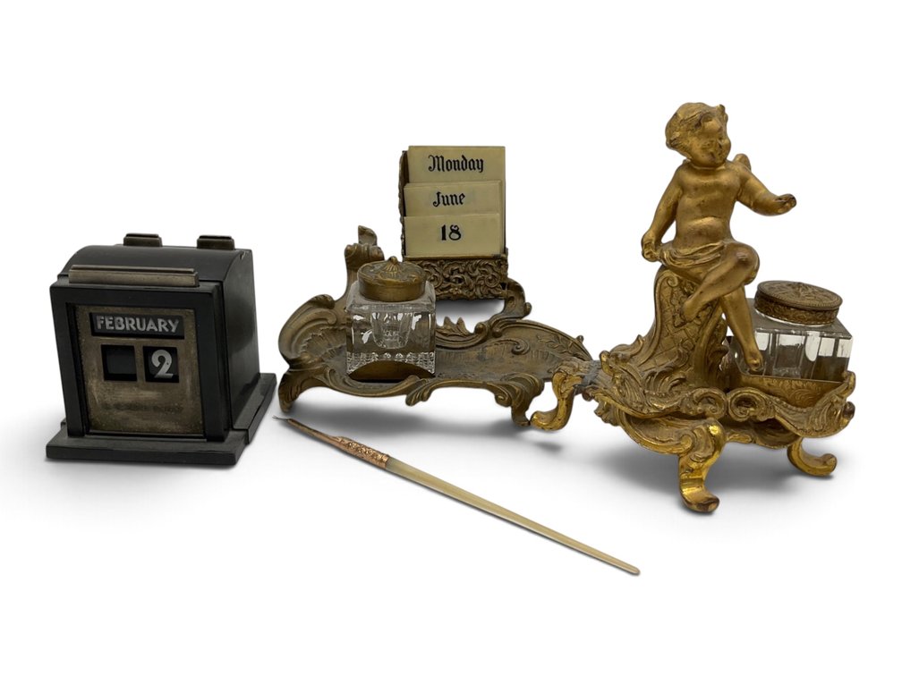 Two Brass Inkwells & Desk Calendar