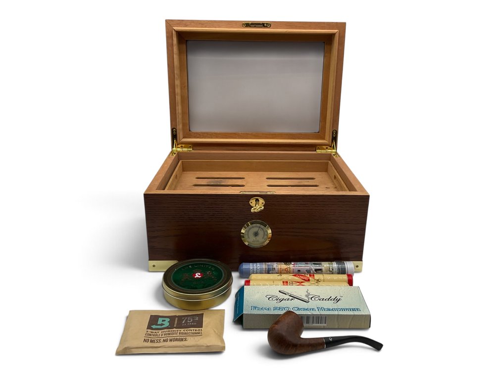 Brass Bound Lift Lid Humidor and Pipe