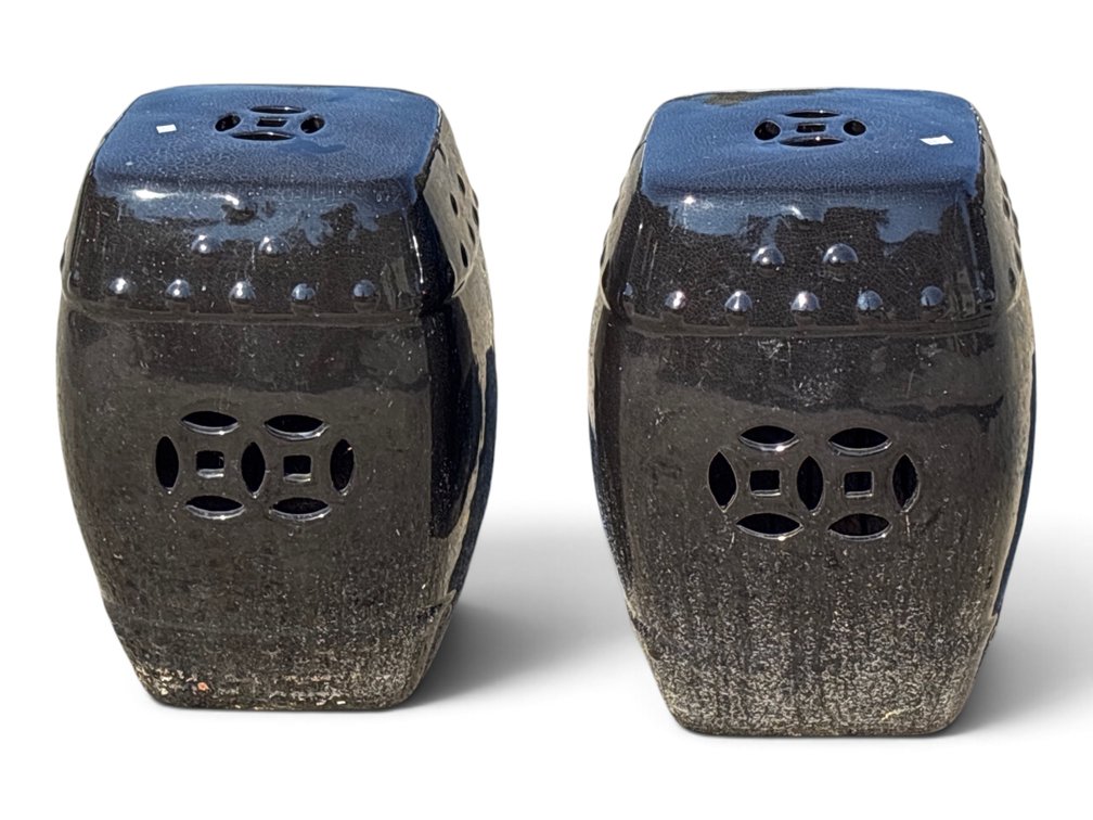 Mirror Black Chinese Pierced Garden Stool Pair