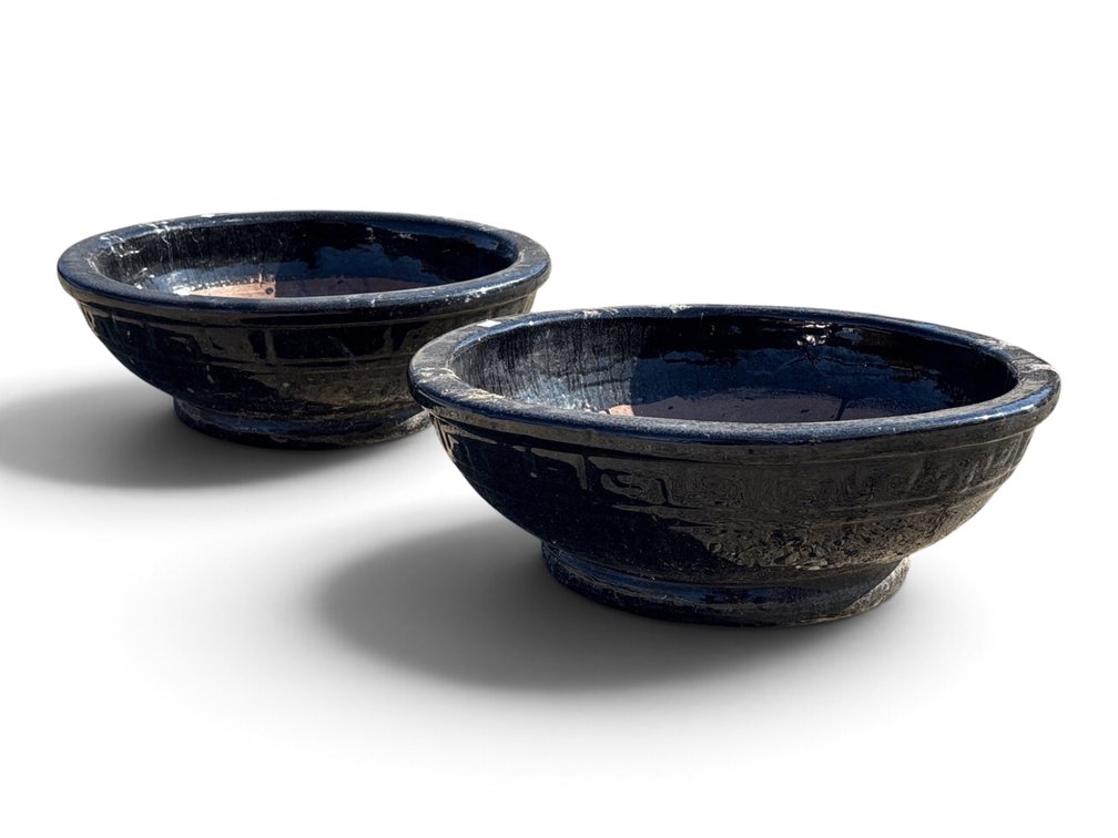Mirror Black Glazed Terracotta Planter Pair
