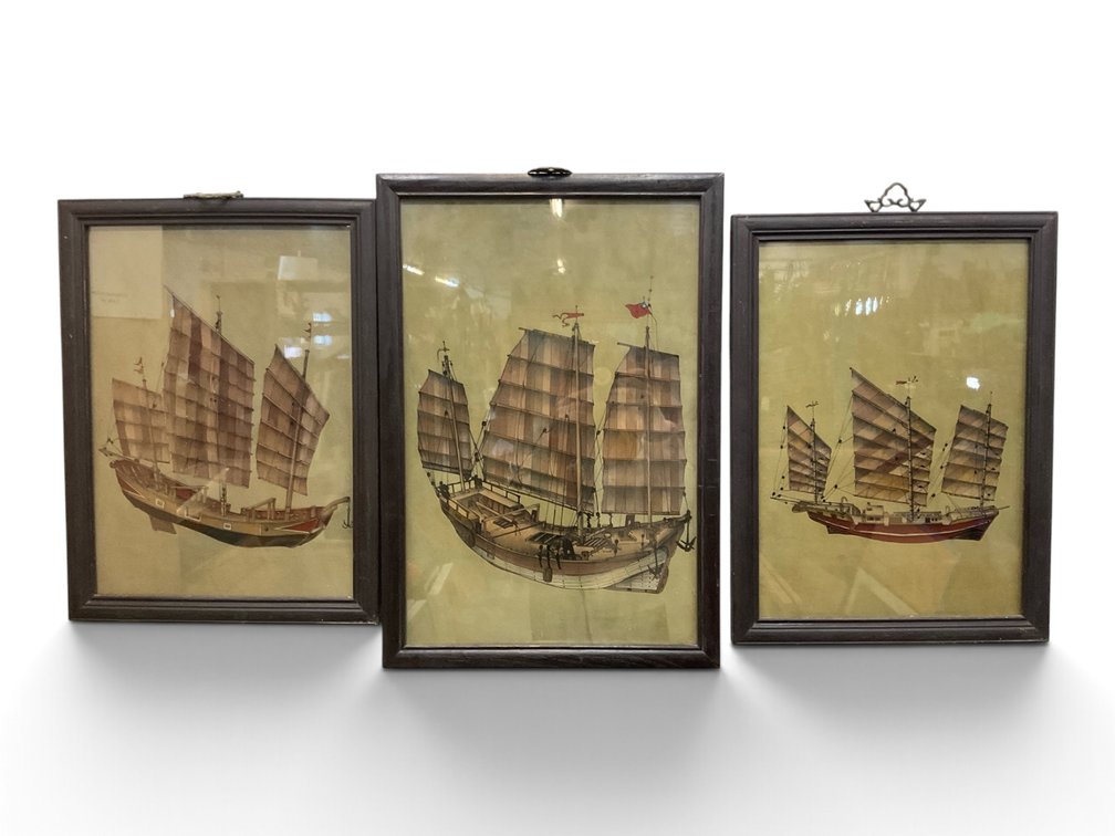 Three Chinese Junk Ship Paintings