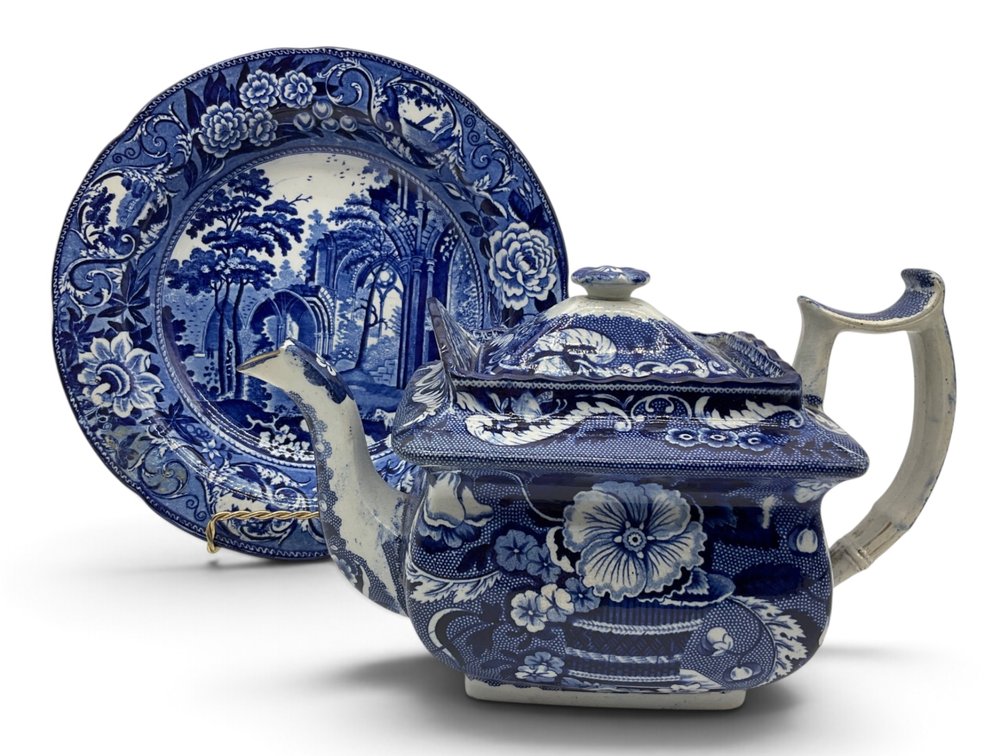 19th C. Staffordshire Blue Transfer Teapot and Plate