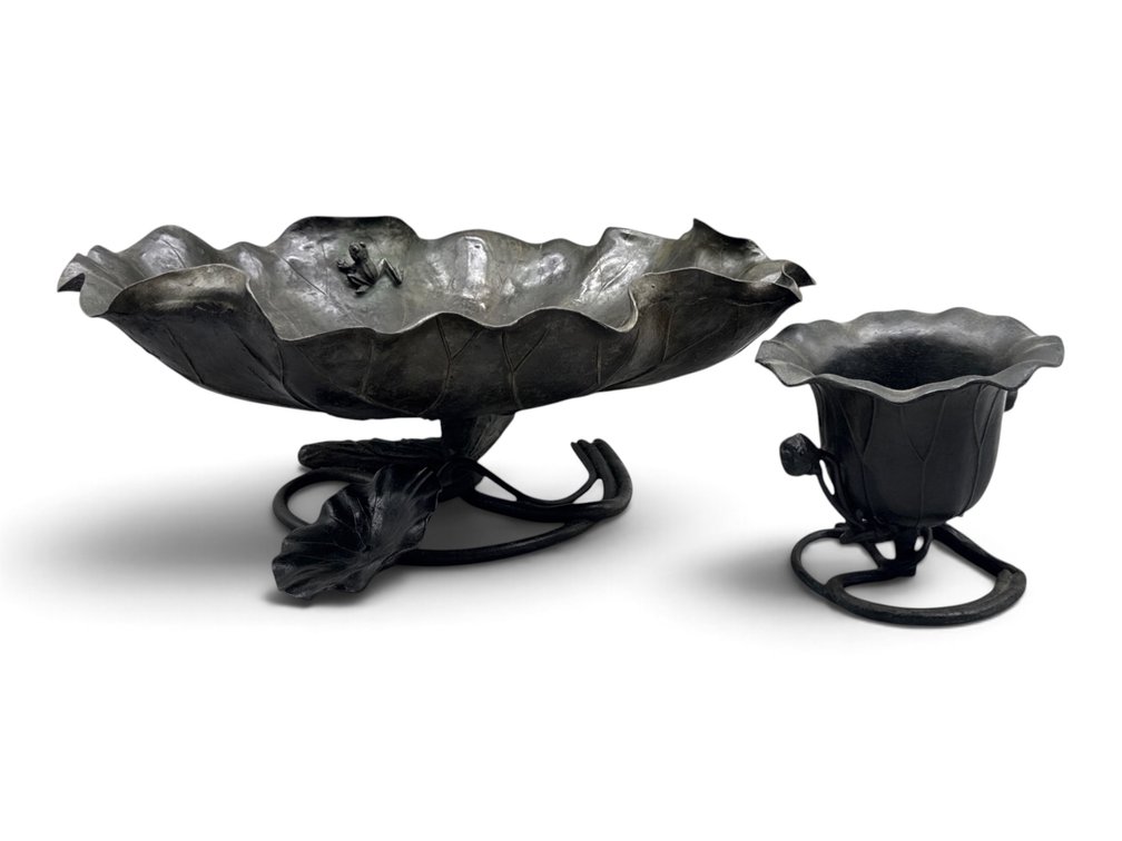 Two Japanese Meiji-style Bronze Lotus-Form Bowls
