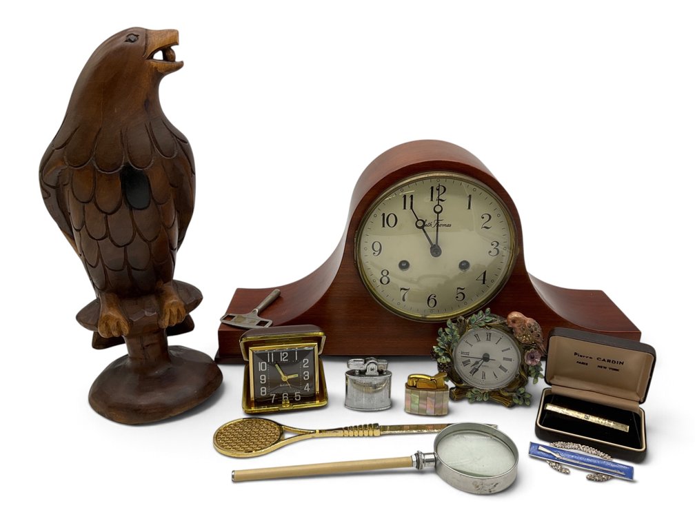 Wood Carved Eagle, Seth Thomas Clock, Lighters, Etc.