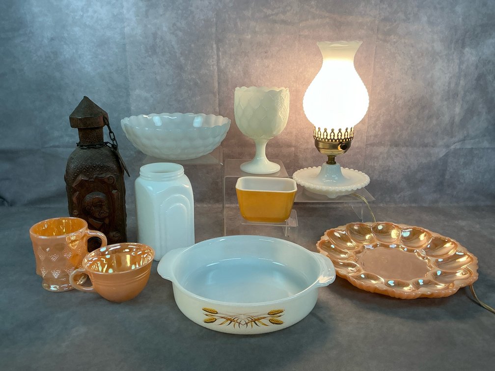 Fire King, Milk Glass, and Leather Decanter