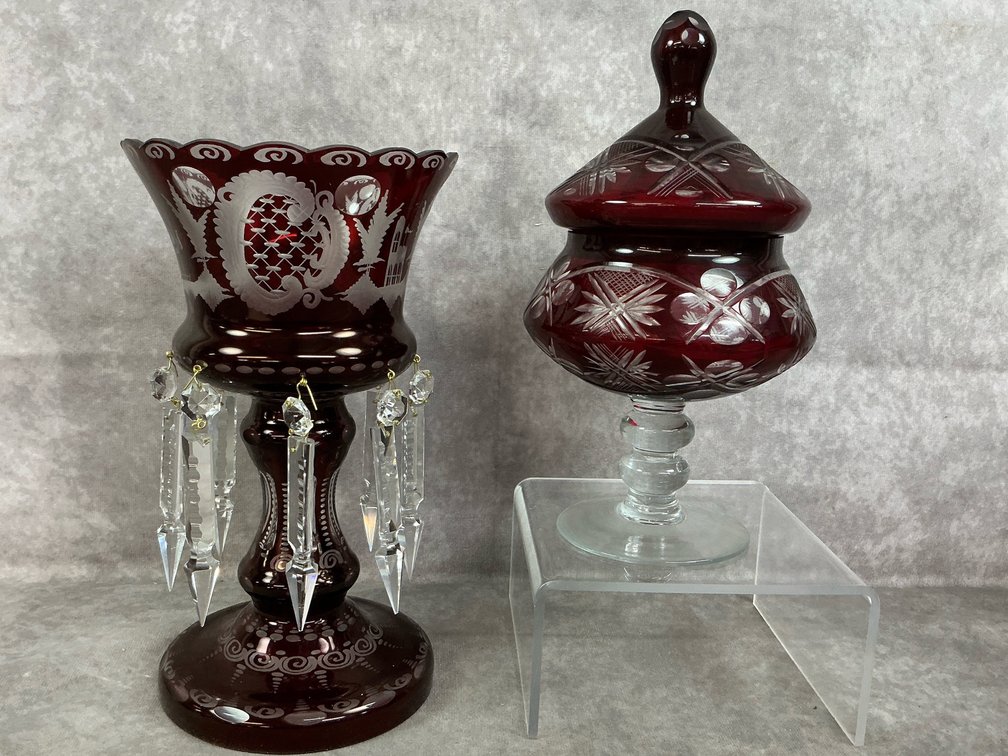 Ruby Red Etched Bowl & Candy Dish