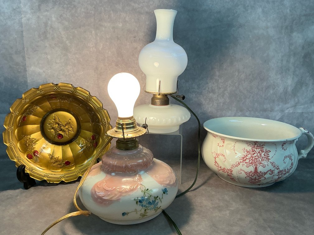 Milk Glass Lamps, Goofus Glass, & Chamber Pot