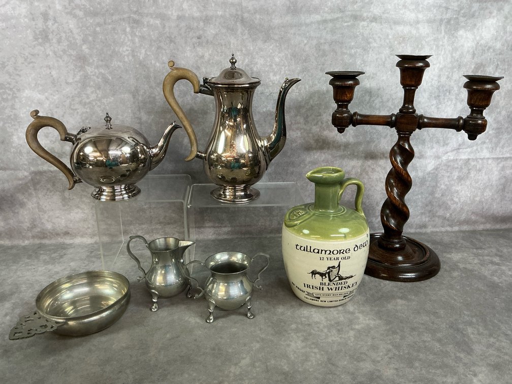 Tea Service, Irish Whiskey Jug & Wooden Candlebra
